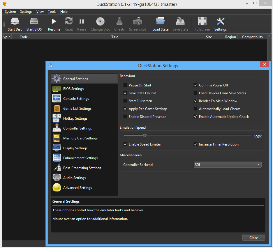 DuckStation QT GUI with settings screenshot, image at PSEmu.pl - recent news, latest files and more PS1 Emulation, emulacja, wiadomości, emulatory, gry homebrew.
