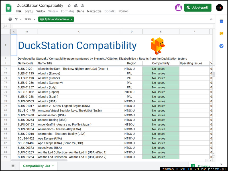 DuckStation compatibility website, link image at PSEmu.pl - recent news, latest files and more PS1 Emulation, emulacja, wiadomości, emulatory, gry homebrew.