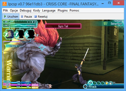 JPCSP JAVA emulator running PSP game FF: Crisis Core on Windows