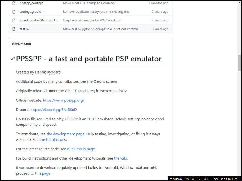 PPSSPP on Github - image from PSEmu.pl Visit for latest news and files related to PSP emulation for PC and mobile systems. PPSSPP, JPCSP, soywiz emulators for Windows, Linux, macOS and android system. Visit PSEmu.pl for free PSP games and latest emulators